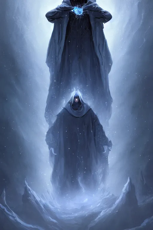 Image similar to a full body portrait of a mysterious sorcerer with a very long hooded grey and blue cloak made of stars and clouds standing infront of an altar by maciej kuciara and jason chan, ominous, cosmic horror, trending on artstation, ultra detailed, hyper realistic 4 k