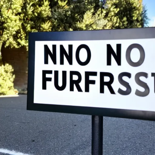 Prompt: a street sign that says no furries, sad furry looking at it