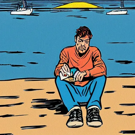Image similar to smartphone addicted man on the seaside, comic art by Andrea Pazienza