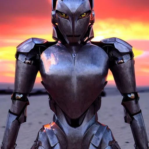 Image similar to cinematic body shot, realistic detailed stunning beautiful armored humanoid anthropomorphic female robot dragon, looking to the side with an elegant pose of hand on hip, smooth and streamlined armor and design made of steel, sharp claws and sharp teeth, high quality head, Slick LEDs, on the beach during sunset, high quality, cinematic art, sci fi, sunset lighting, 3D render, 8k, artstation, deviantart, furaffinity