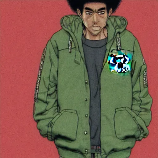 Image similar to illustration by katsuhiro otomo, black man with afro hair, stubble, wearing an adidas army green jacket, in the streets of tokyo, akira style, by katsuhiro otomo