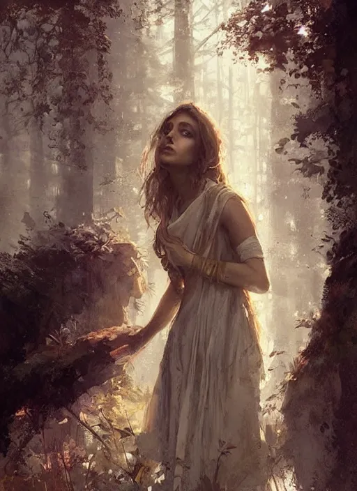 Image similar to female seductive queen of nature girl, beautiful face, rule of thirds, intricate outfit, backlit, by greg rutkowski, by jeremy mann, digital painting