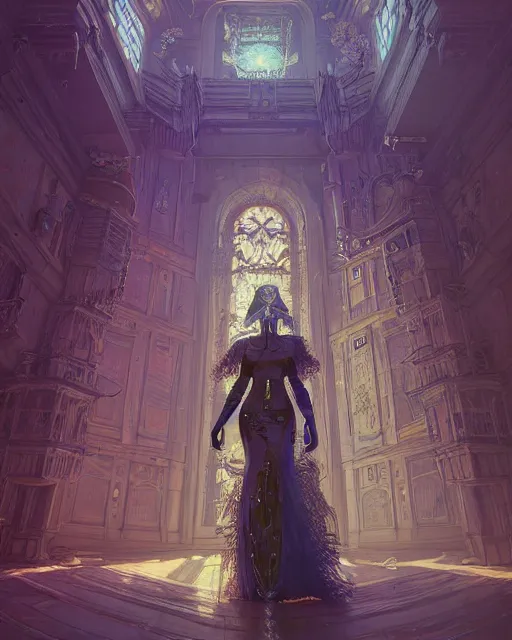 Image similar to highly detailed surreal vfx portrait of a cyberpunk queen in a majestic castle by grandfather clock, stephen bliss, unreal engine, greg rutkowski, loish, rhads, beeple, makoto shinkai and lois van baarle, ilya kuvshinov, rossdraws, tom bagshaw, alphonse mucha, global illumination, detailed and intricate environment