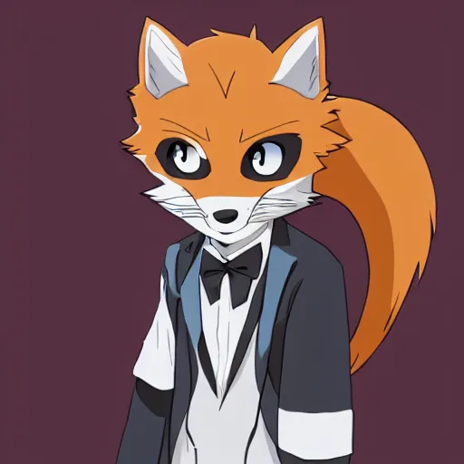 Prompt: modern anime still an anthro male fox furry fursona in a formal outfit, handsome anime eyes, key anime visuals