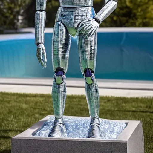 Image similar to a realistic detailed photo of a guy who is an attractive humanoid who is half robot and half humanoid, who is a male android, soccer player martin ødegaard, shiny skin, posing like a statue, blank stare, by the pool, on display, showing off his muscles, humanoid robot, frozen ice statue