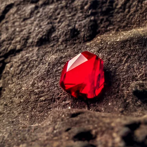 Image similar to a deep red, glowing, stick - shaped crystal on a rock, film grain