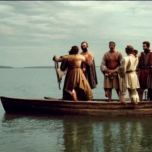 Image similar to Cinematic still of Stunned Men in 1st century clothing standing on a boat, looking in shock at the calm water, peaceful, epic directed by Ridley Scott