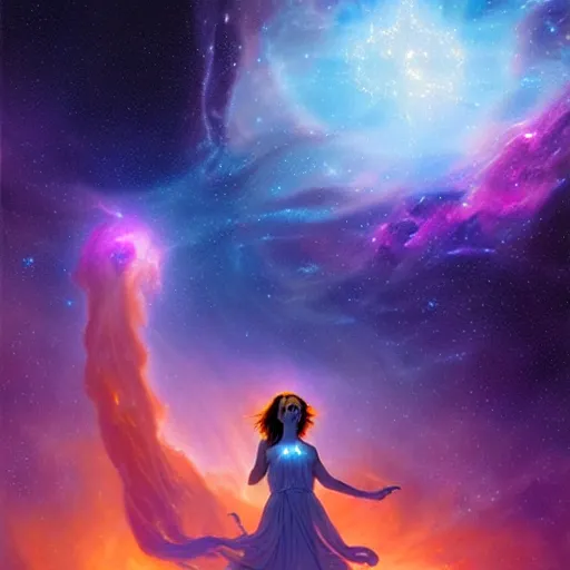 Image similar to goddess of light in the center of a nebula, detailed matte fantasy painting, cinematic lighting, deviantart artstation, by michael whelan