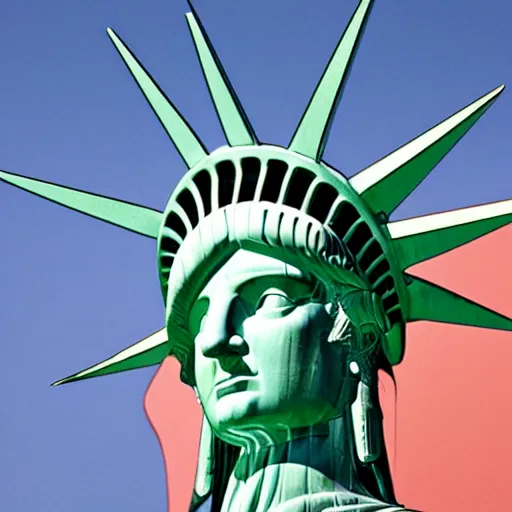 Image similar to professional cityscape photo of the statue of liberty as a native indian with head dress, coper cladding