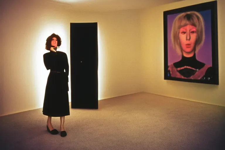 Image similar to backlit photograph of anxious young woman standing in front of tall black box radiating esoteric energy in suburban living room, crisp focus, highly detailed, in cindy sherman style, 3 5 mm ektachrome