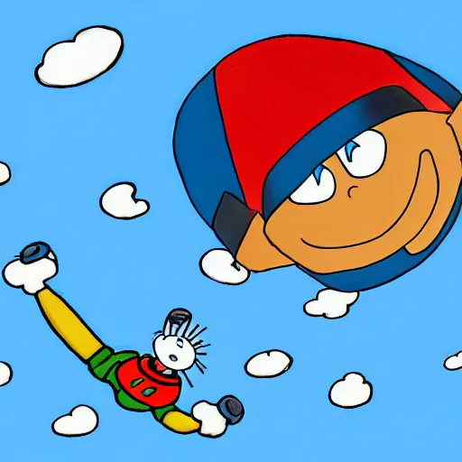 Prompt: drawing of doraemon violently skydiving