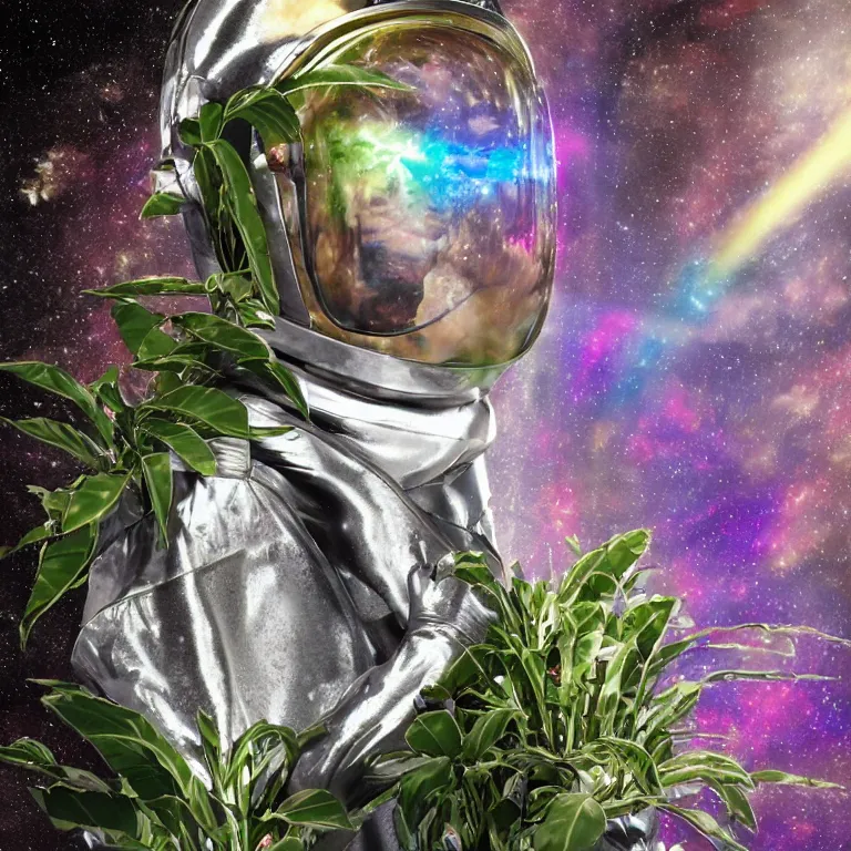 Prompt: octane render portrait by wayne barlow and carlo crivelli and glenn fabry, subject a cyborg woman covered in tie - dye skintight aluminum foil space suit with a iridescent metallic space helmet, surrounded by alien plants, cinema 4 d, ray traced lighting, very short depth of field, bokeh