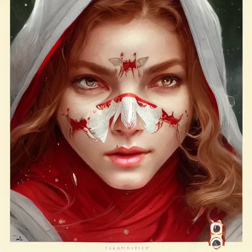 Prompt: Beautiful face Portrait of Little Red Riding Hood with a white panther, intricate, wild, highly detailed, digital painting, artstation, concept art, smooth, sharp focus, illustration, art by artgerm and greg rutkowski and alphonse mucha, footage from space camera