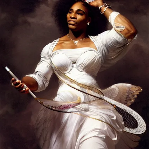 Image similar to Serena Williams as Nike Goddess portrait, wings, luxuriant, dreamy, eternity, romantic, highly detailed, in the style of Franz Xaver Winterhalter, highly detailed, in the style of Aetherpunk