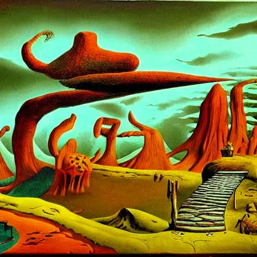 Prompt: surrealism painting of a landscape by dr seuss | horror themed | creepy