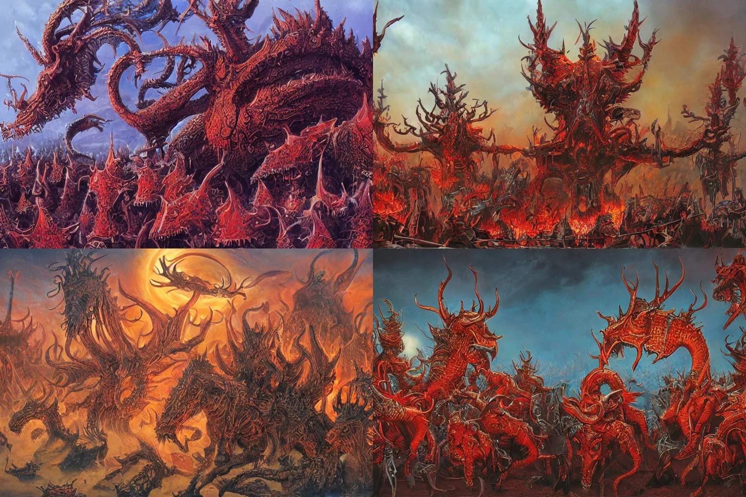 Prompt: diadems, crowns, on a ten horned beast with seven heads, fiery red, detailed, intricate, matte painting by Les Edwards, Jim Burns and Michael Whelan