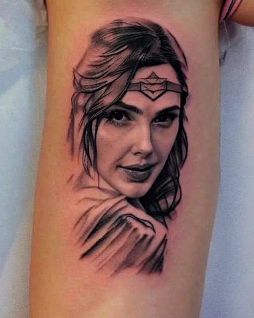 Image similar to creative double exposure effect tattoo design sketch of beautiful gal gadot faded with beautiful mountain scenery, realism tattoo, in the style of matteo pasqualin, amazing detail, sharp