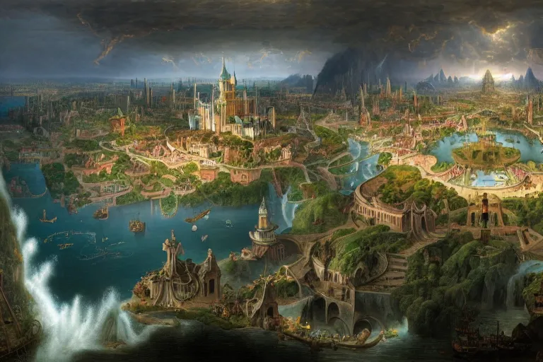 Image similar to a beautiful complex insanely detailed matte painting of a magical city on the river Styx by Heironymous Bosch and Bernardo Bellotto and Tyler Edlin and James Gurney