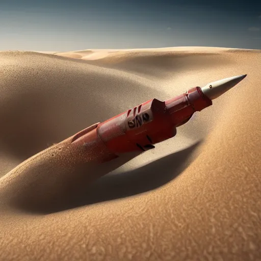 Prompt: a highly detailed digital image of a rocket collapsing into a sand dune incredibly lifelike sand splashing by Andrew Chiampo, artstation, and Frederik Heyman, extremely detailed sand, stunning volumetric lighting, hyper realism, fantasy 4k, 8k,