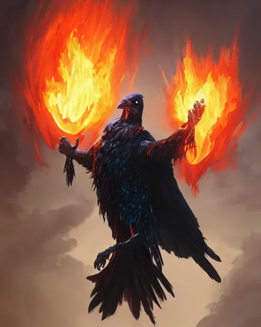 Prompt: oil painting of a Anthropomorphized raven shaman throwing fireball, sharp focus, heroic pose, fantasy style, octane render, volumetric lighting, 8k high definition, by greg rutkowski, highly detailed, trending on art Station, magic the gathering artwork, Mountain background, centered