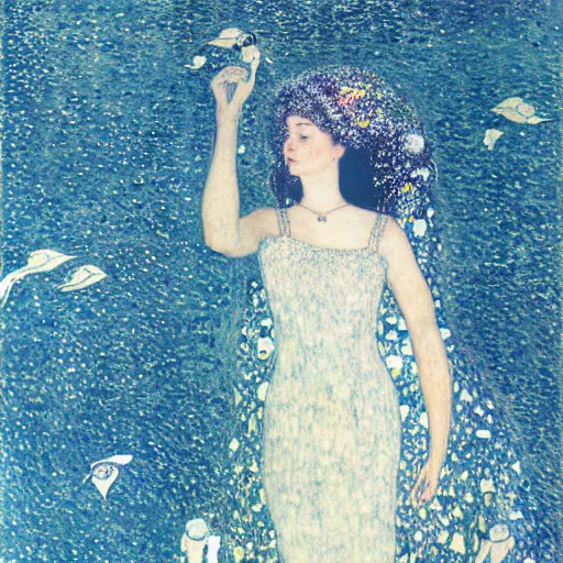Prompt: a young thin woman with sliver long hair wearing a long white dress, on a boat flowing in the deep blue starry sea, flying white birds, sea animals, bubbles like a dream, hyperrealistic, highly detailed, fairytale by gustav klimt, whole body, look back