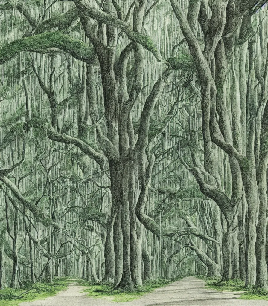 Prompt: southern plantation lane of trees hanging moss abandoned single point perspective illustration by maurice sendak