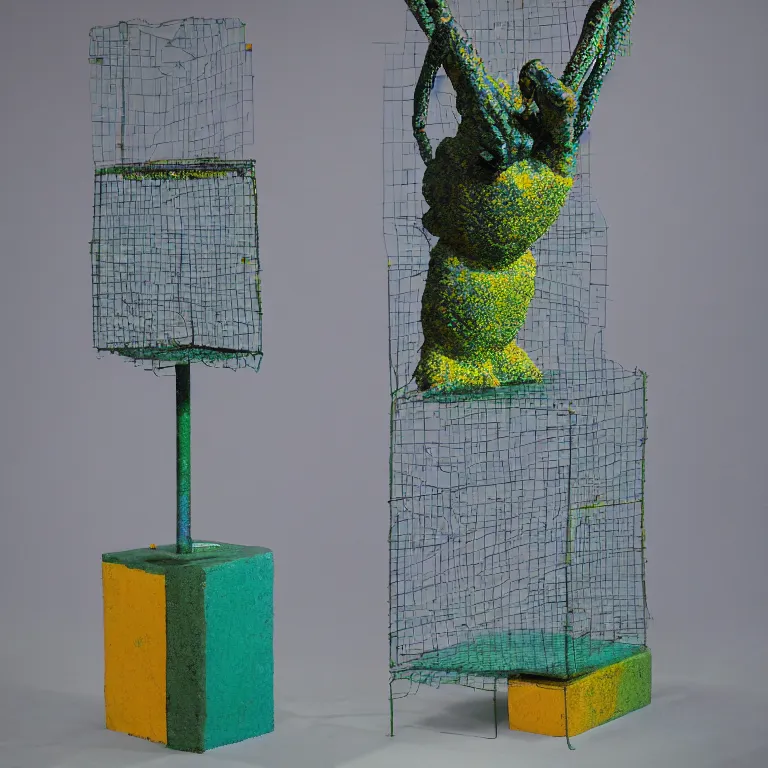 Prompt: hyperrealistic sculpture of a bronze fossilized ancient tetris brick fiddler crab dusted with saffron and deep blue and grass green spraypaint and beeswax in a grid cage on a pedestal by ron mueck and duane hanson and lee bontecou, hyperrealistic dramatic colored lighting trending on artstation 8 k