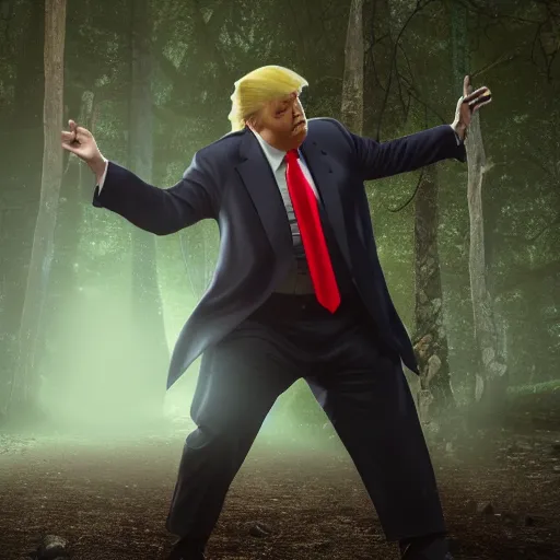 Prompt: portrait of a man Donald J Trump leaning at a crossroads in the middle of a dark forest holding a pistol and a cigar visible man face golden hair leather Vivienne westwood oversized outfit, volumetric lighting, octane render, photorealistic, cinematic, highly detailed, unreal engine, ray trace, weta digital, 8k, miami vice style, cartoon style