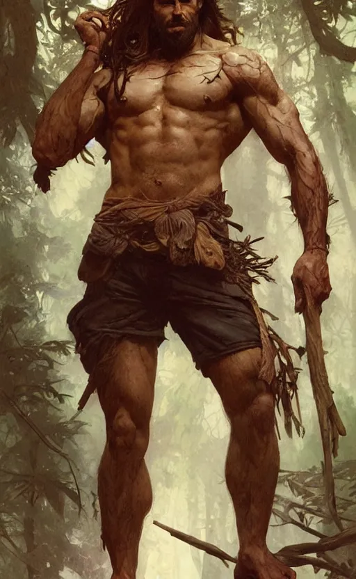 Image similar to god of the forest, 3 0 years old, rugged, male, gorgeous, detailed face, amazing, thighs!!!!!!, muscular, intricate, highly detailed, digital painting, artstation, concept art, sharp focus, illustration, art by greg rutkowski and alphonse mucha