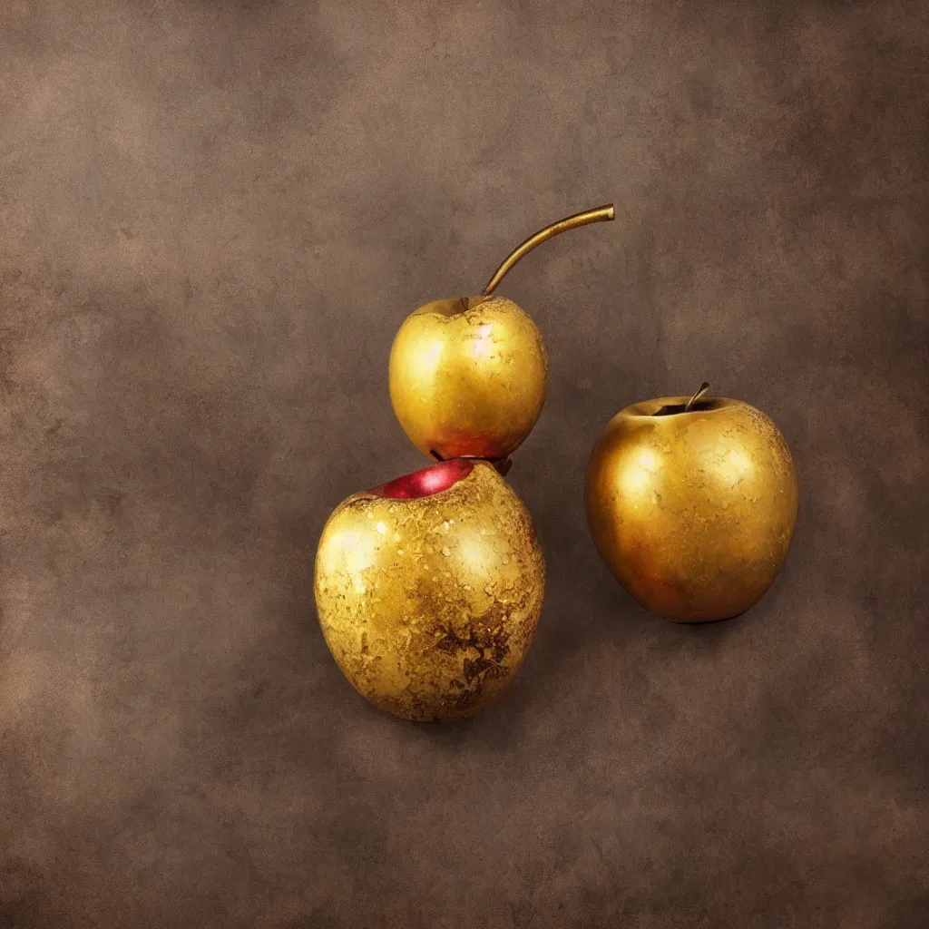 Prompt: award winning stunning UHD digital airbrush painting of a battered bronze cup next to a golden apple, darker background, trending, masterful