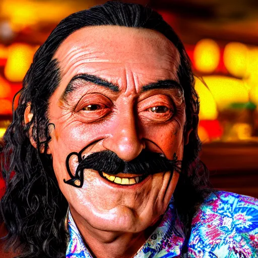 Image similar to a closeup photorealistic photograph of smiling salvador dali at trader vic's bar sitting next to a trader vic's style tiki mug featuring the face of salvador dali. tiki culture. bright scene. 4 k hd image that's trending on artstation, featured on behance, well rendered, extra crisp, features epic composition and the style of unreal engine.