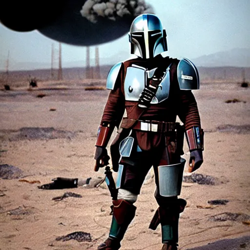 Image similar to mandalorian with atomic bomb explosion behind him, vintage color photo