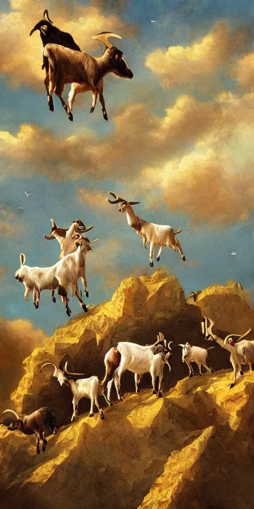 Image similar to a pack of goats climbing a citadel in the sky, beautiful, highly detailed