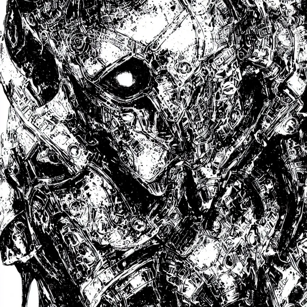 Image similar to A dramatic close-up portrait of Doctor Doom in ironpunk armor by Bill Sienkiewicz, Chris Bachalo and Michael Golden, highly detailed, 8k, sparse dark atmosphere, perfect pen and ink line art, perfect muscle structure, highly hyperdetailed and precisely inked, perfect symmetry, futuristic, dystopian, full color, Marvel Comics 1997, Heavy Metal Magazine, dim lights, high technical detail