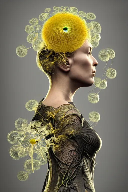 Prompt: intricate hyper detailed ultra sharp 3 d render of a witch profile portrait, 1 5 0 mm art nouveau, haute couture alexander mcqueen leaves stems, unsplash model transparent fractal dandelion yellow pistil filigree roots, intricate details, human face, facial features, elegant, hyper realistic, ultra detailed, octane render, volumetric cinematic lighting, 8 k post - production