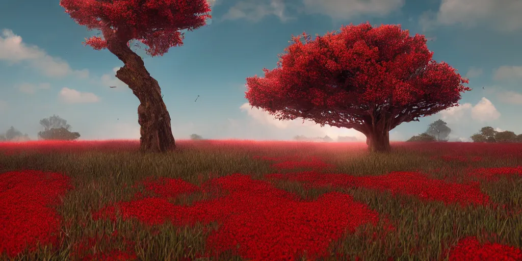 Image similar to a single big red tree in the middle of a battlefield near a bunch of red flowers at sunrise, hyperrealistic, concept art, octane render, unreal engine 5, trending on Artstation, high quality, 8K, dramatic lighting, cinematic, high coherence, highly detailed, Midjourney style, epic scene, path traced, low contrast, complementary colors