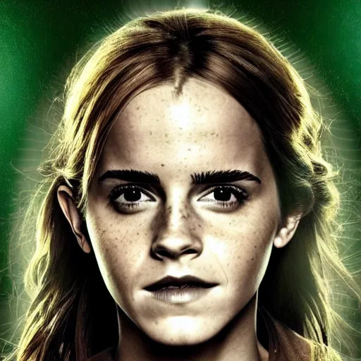 Image similar to emma watson as hermione granger as the wicked witch of the west, green skin, smirking