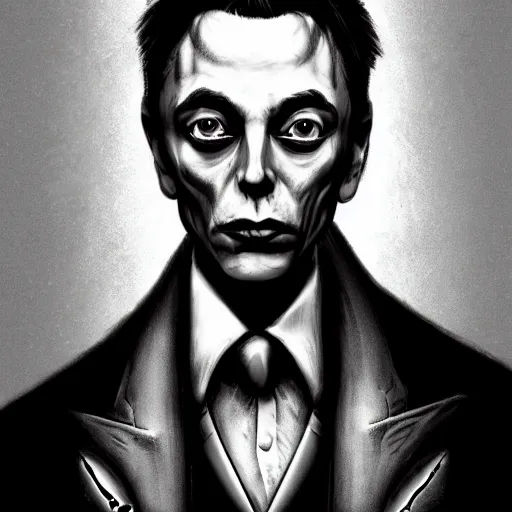 Image similar to michael karcz grunge drawing of elon musk. , in the style of corpse bride, loony toons style, horror themed, detailed, elegant, intricate, trending on artstation, 4k