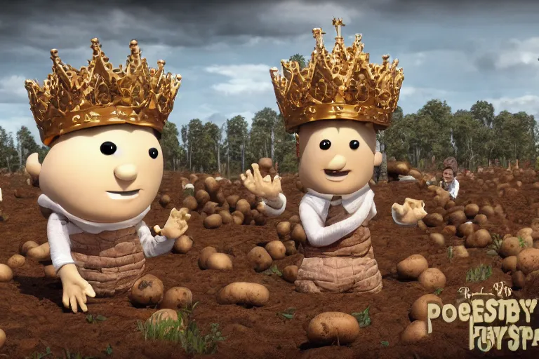 Image similar to the potato king appears before the large crowd of his subjects in all his glory wearing his crown, concept art, blender, glossy googly eyes, realistic dirt.