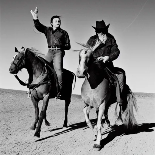 Prompt: Johnny Cash and Gyro Zeppelli riding horses in a desert