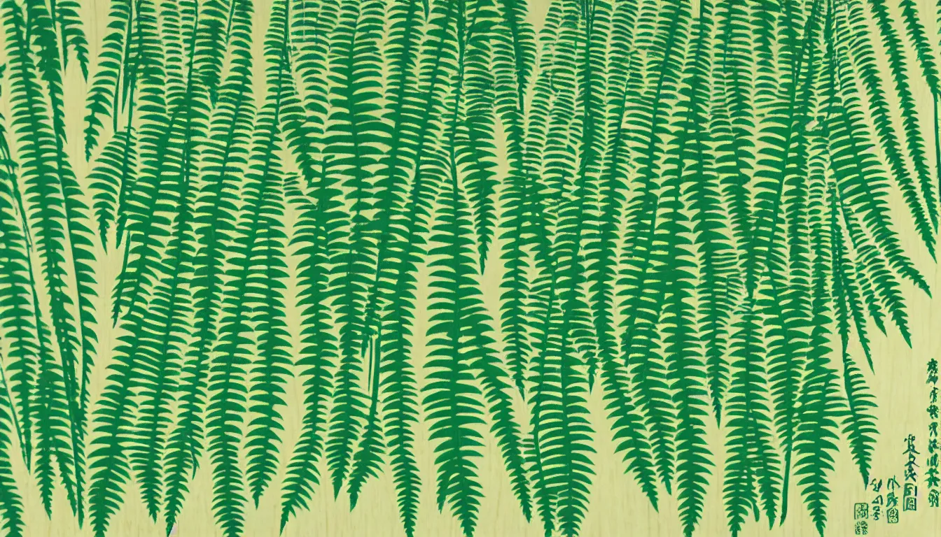 Prompt: close up of ferns with bamboo forest in the background by woodblock print