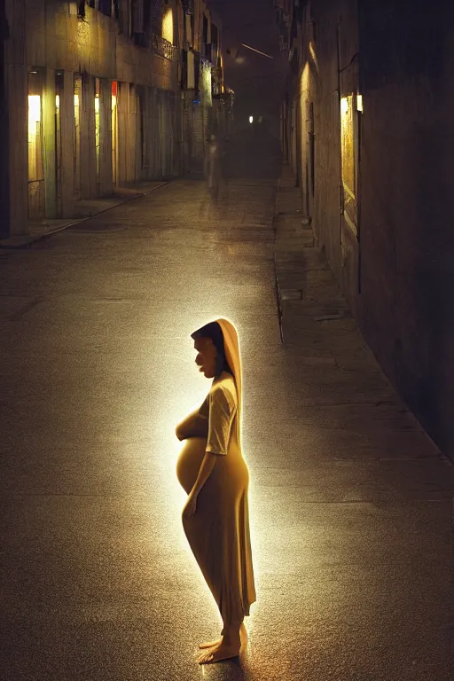 Image similar to pregnant woman under street light, highly detailed, sharp focused, ultra realistic digital concept art by Steve Mccurry