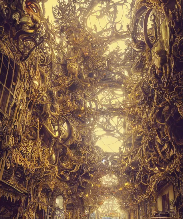 Image similar to a streeet view of wat rong khun temple by charlie bowater and art germ, rule of thirds, golden ratio, art nouveau! cyberpunk! style, mechanical accents!, mecha plate armor, glowing leds, flowing wires with leaves, art nouveau accents, art nouveau patterns and geometry, rich deep moody colors