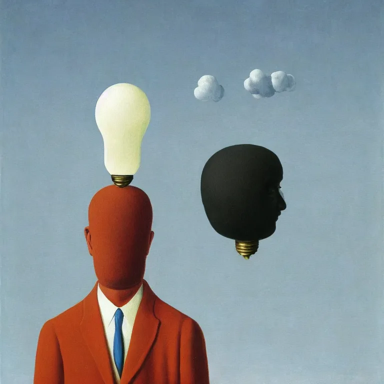 Image similar to portrait of a lightbulb head man, by rene magritte, detailed painting, hd, hq, high resolution, high detail, 4 k, 8 k