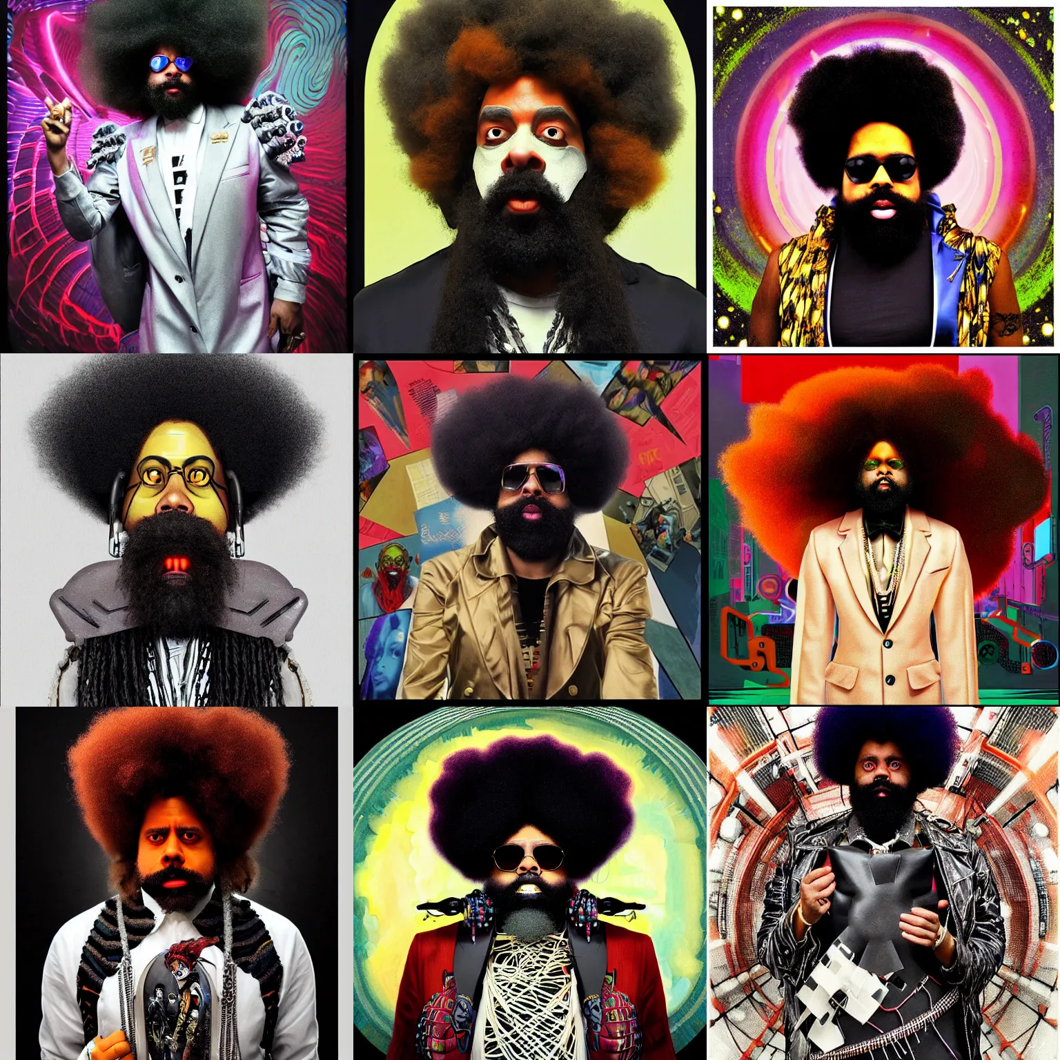 Prompt: a cinematic portrait of a fashionable afrofuturist cyborg reggie watts that is wearing a cybergoth vampire cyberpunk outfit in the style of william blake and norman rockwell, kubrick, escher, subtle junji ito, subtle giger, vivid color scheme, artstation, imdb, 8 k, magnificent, glorious