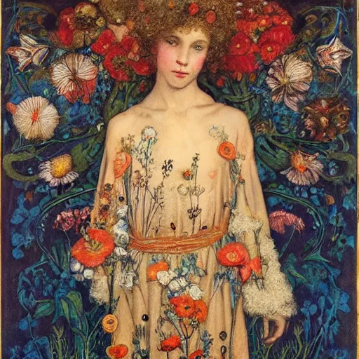 Prompt: the flower prince, by Annie Swynnerton and Annie Stegg Gerard, embroidered robes, floral tattoos, bioluminescent, elaborate costume, geometric ornament, symbolist, soft colors, dramatic lighting, smooth, sharp focus, extremely detailed