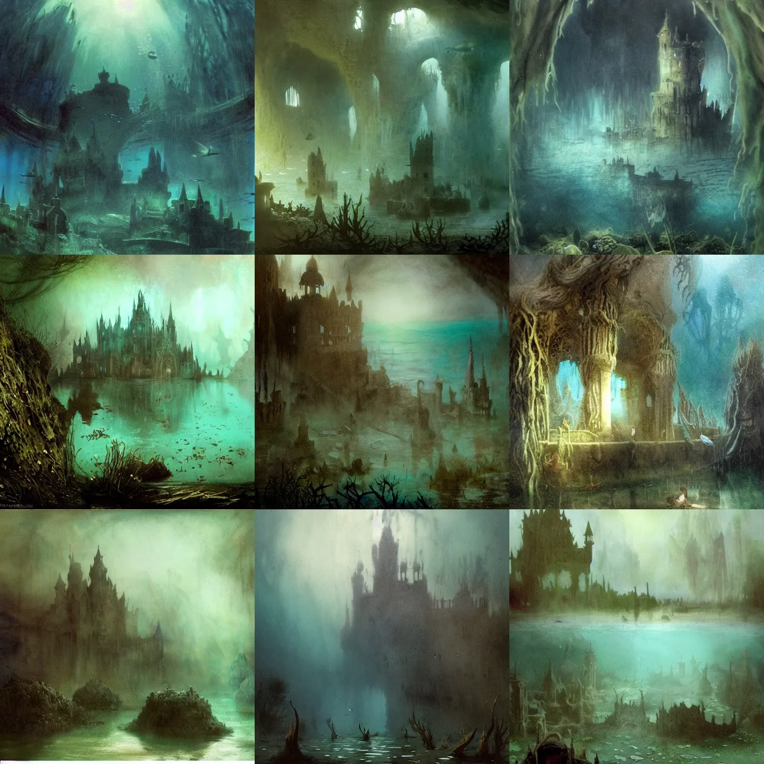 Prompt: a strange, dark, ancient, dirty, small, underwater fairy castle ( made from mud, seaweed and bubbles ) in a lake. greenish blue tones,, shady, appalling, high contrasts, atmospheric, siluettes, low key lighting, illustration by greg rutkowski, dulac, john anster fitzgerald, rembrandt, da vinci and jmw turner