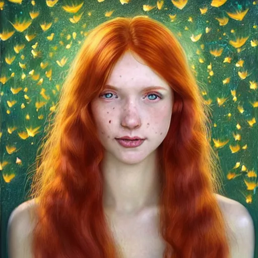 Image similar to a highly detailed, hyper realistic, red haired young woman, among golden fireflies, with long hair, green eyes, hint of freckles, round gentle face, tilted head, cheeky smile, deep focus, elegant, digital painting, smooth, sharp focus, golden ratio, illustration, ultra realistic, 8 k, art by artgerm and caravaggio