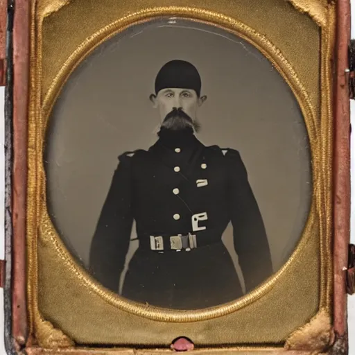 Prompt: daguerrotype portrait of a 19th-century Belgian army general, with a spectre of death looming silently behind him.