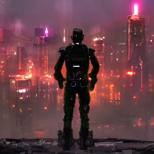 Image similar to The armed sole survivor stands on the hill watching a Apocalyptic city on a clear stars night, cyberpunk digital art